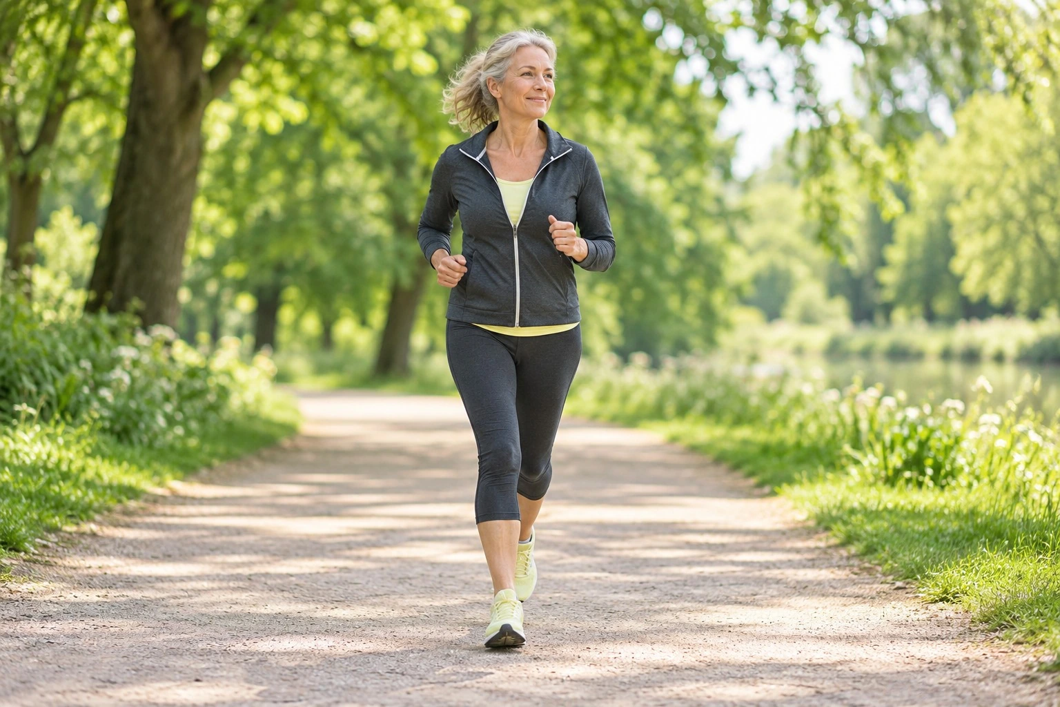 KI-generierte Beispielaufnahme: Frau mittleren Alters beim Joggen im Park