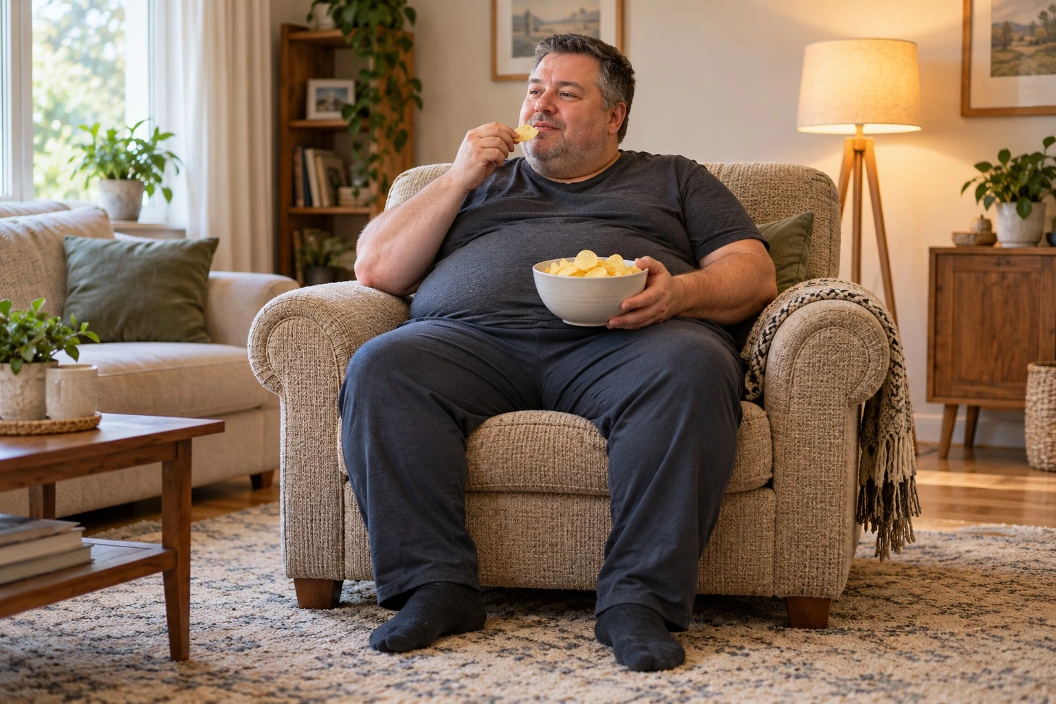 KI-generierte Beispielaufnahme: stark übergewichtiger Mann sitzt gemütlich im Sessel und isst Chips in einem privaten Wohnzimmer